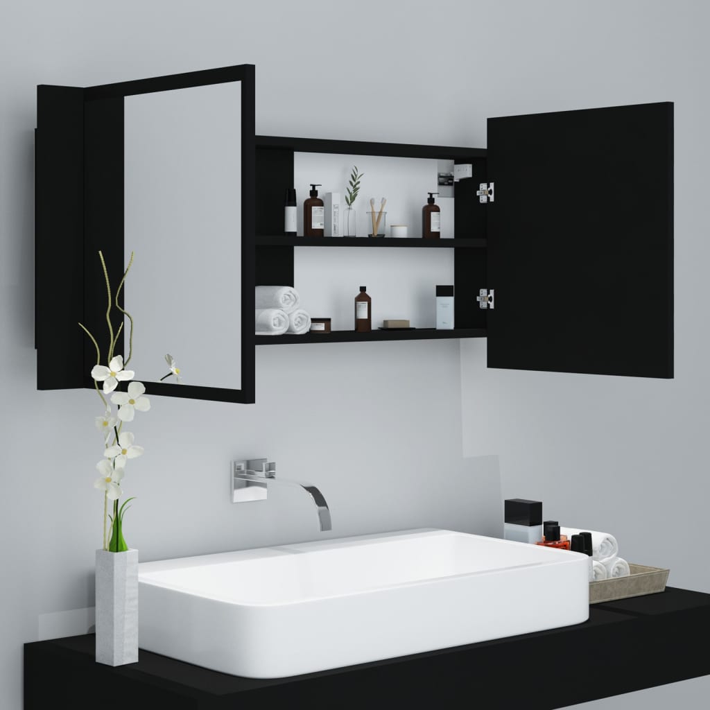 Armoire de toilette LED avec miroir noir 100x12x45 cm acrylique