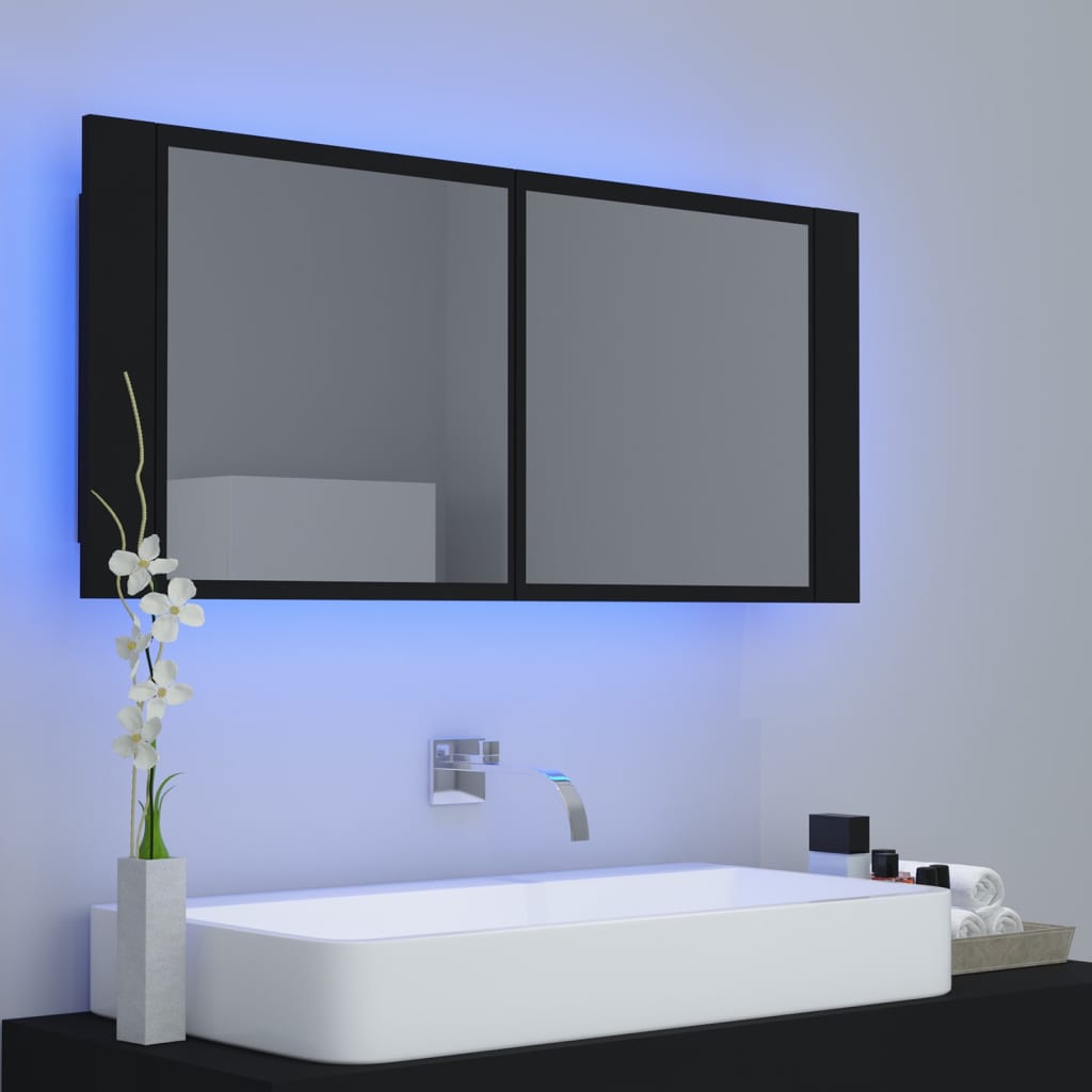 Armoire de toilette LED avec miroir noir 100x12x45 cm acrylique