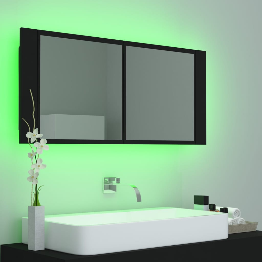 Armoire de toilette LED avec miroir noir 100x12x45 cm acrylique