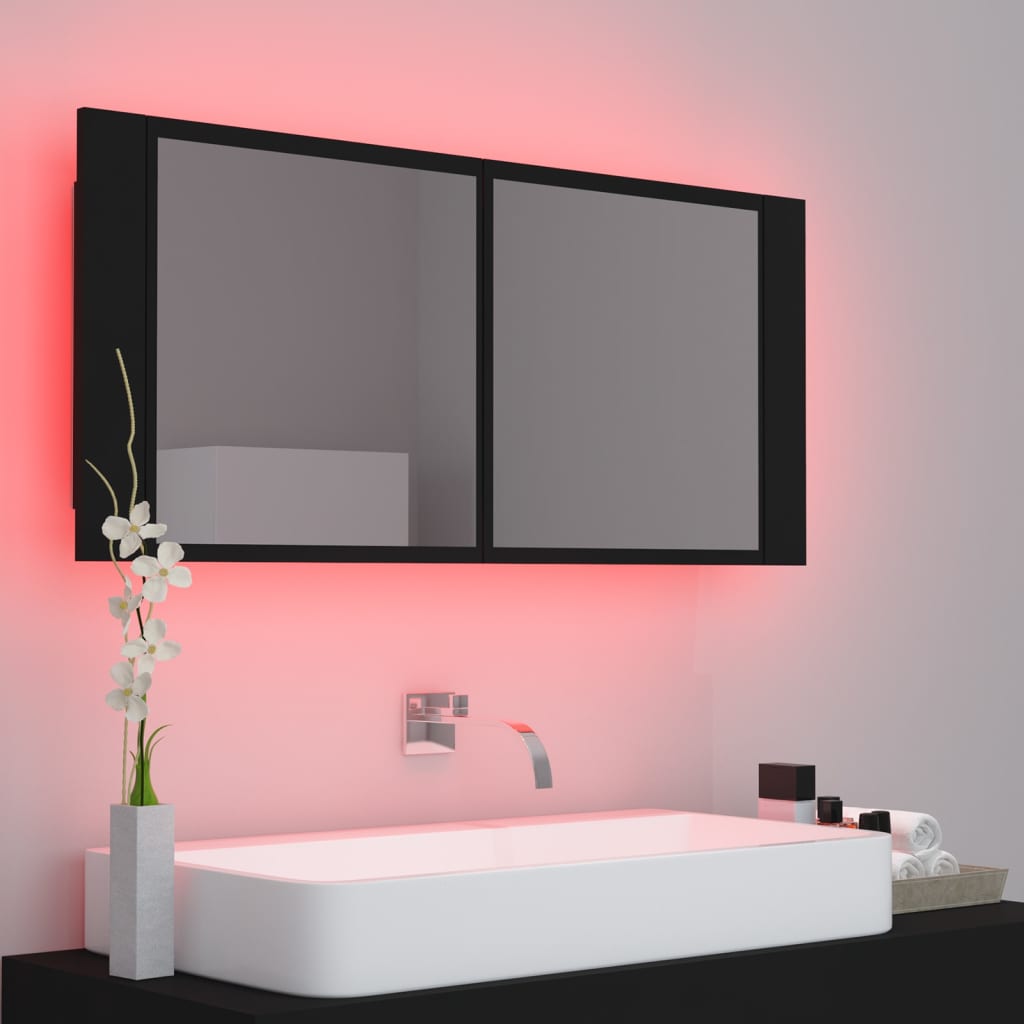 Armoire de toilette LED avec miroir noir 100x12x45 cm acrylique