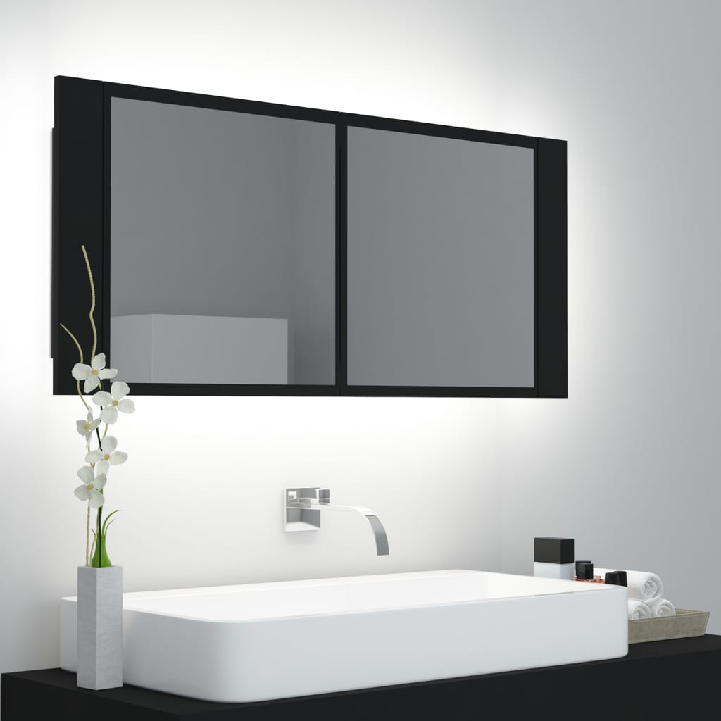 Armoire de toilette LED avec miroir noir 100x12x45 cm acrylique