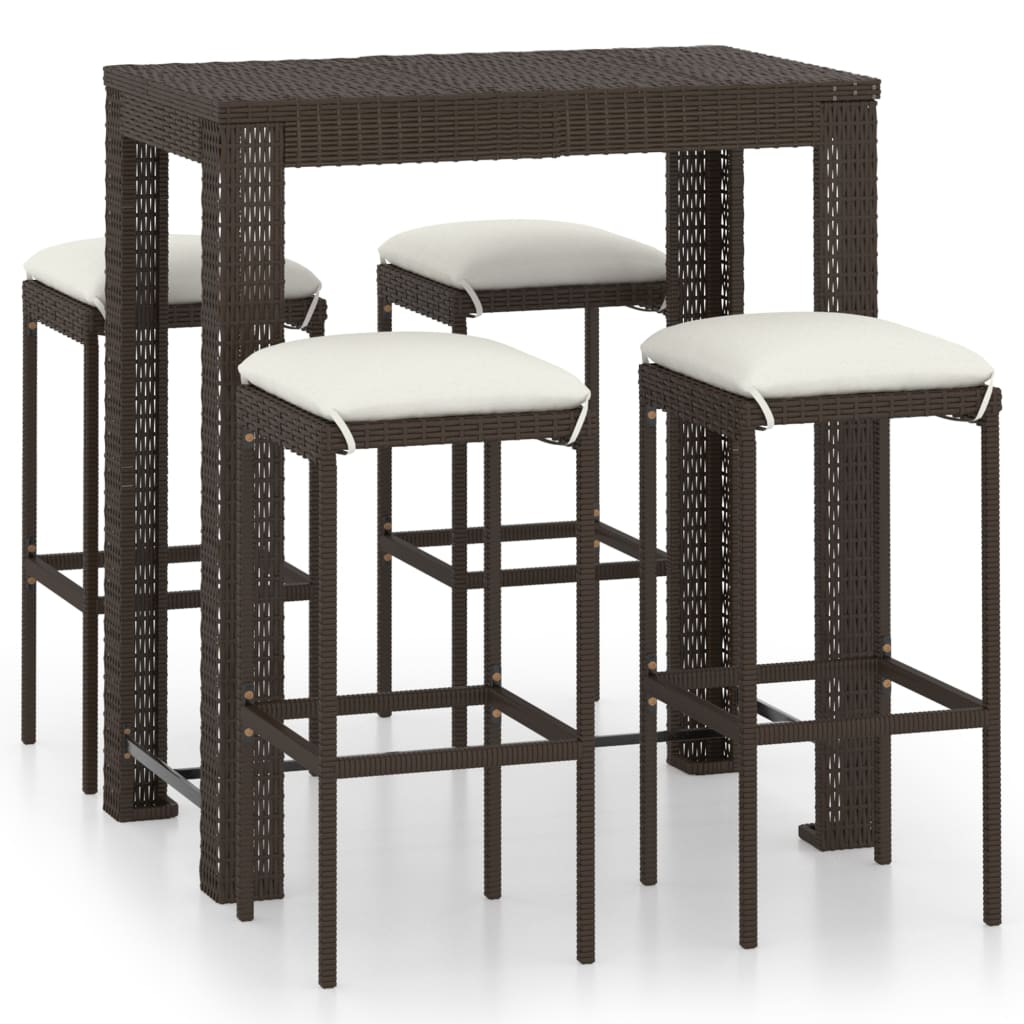 5-tlg. Gartenbar-Set mit Kissen Poly Rattan Braun