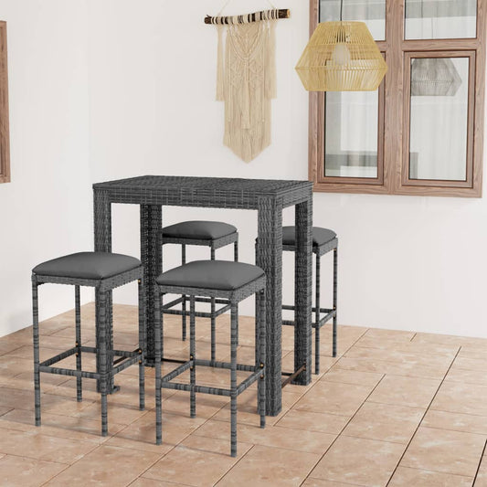 5-tlg. Gartenbar-Set mit Kissen Poly Rattan Grau