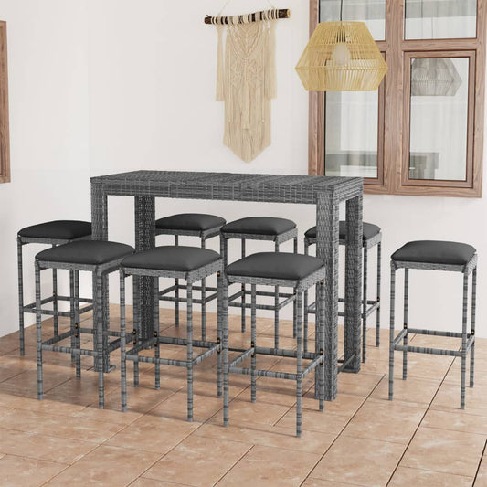 9-tlg. Gartenbar-Set mit Kissen Poly Rattan Grau