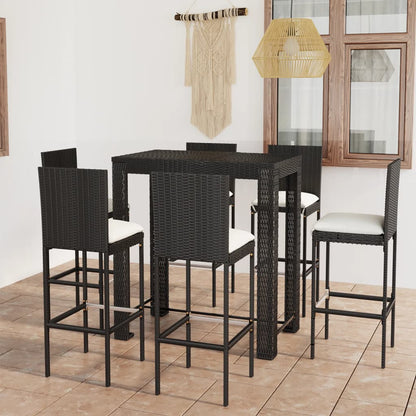 7-tlg. Gartenbar-Set mit Kissen Poly Rattan Schwarz