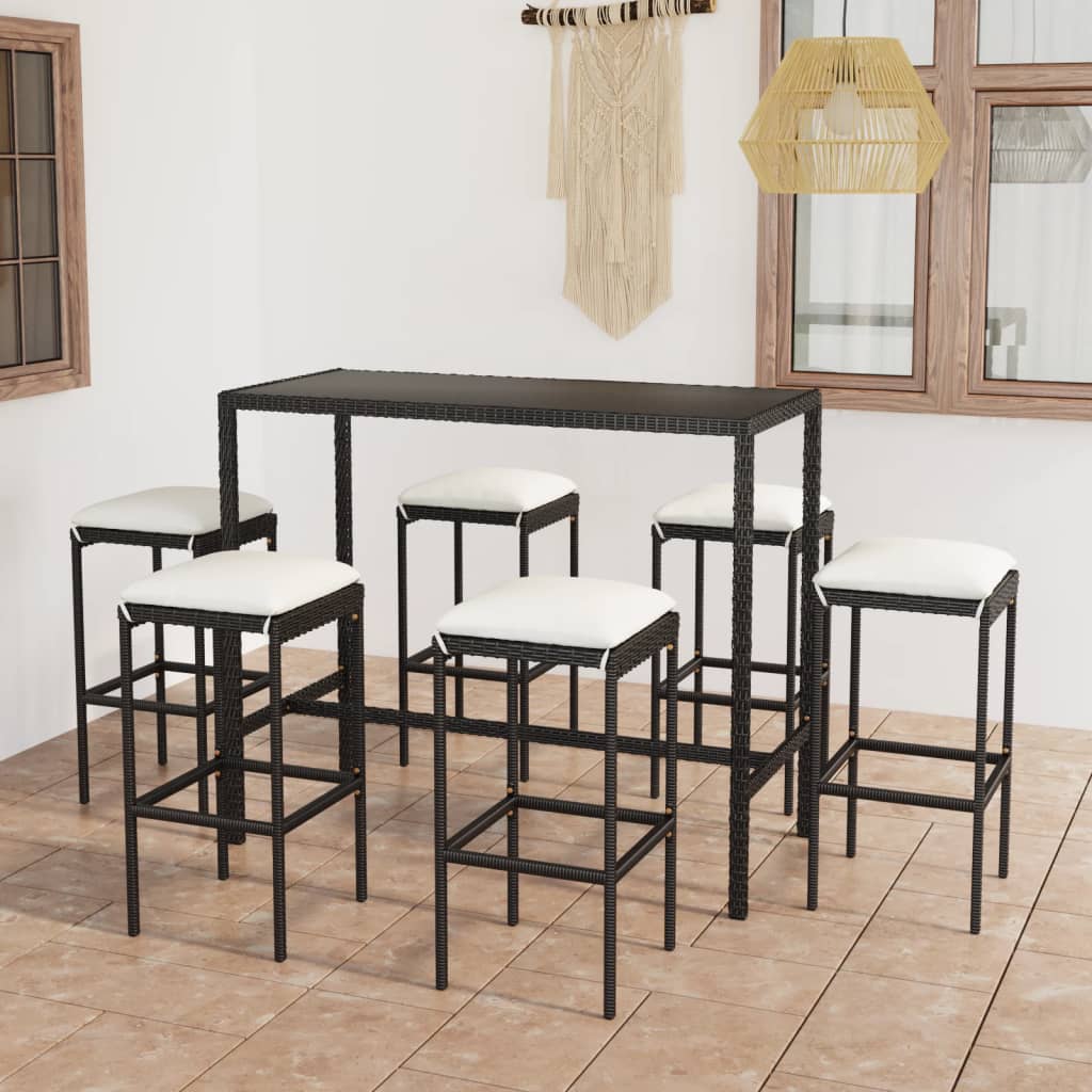 7-tlg. Gartenbar-Set mit Kissen Poly Rattan Schwarz