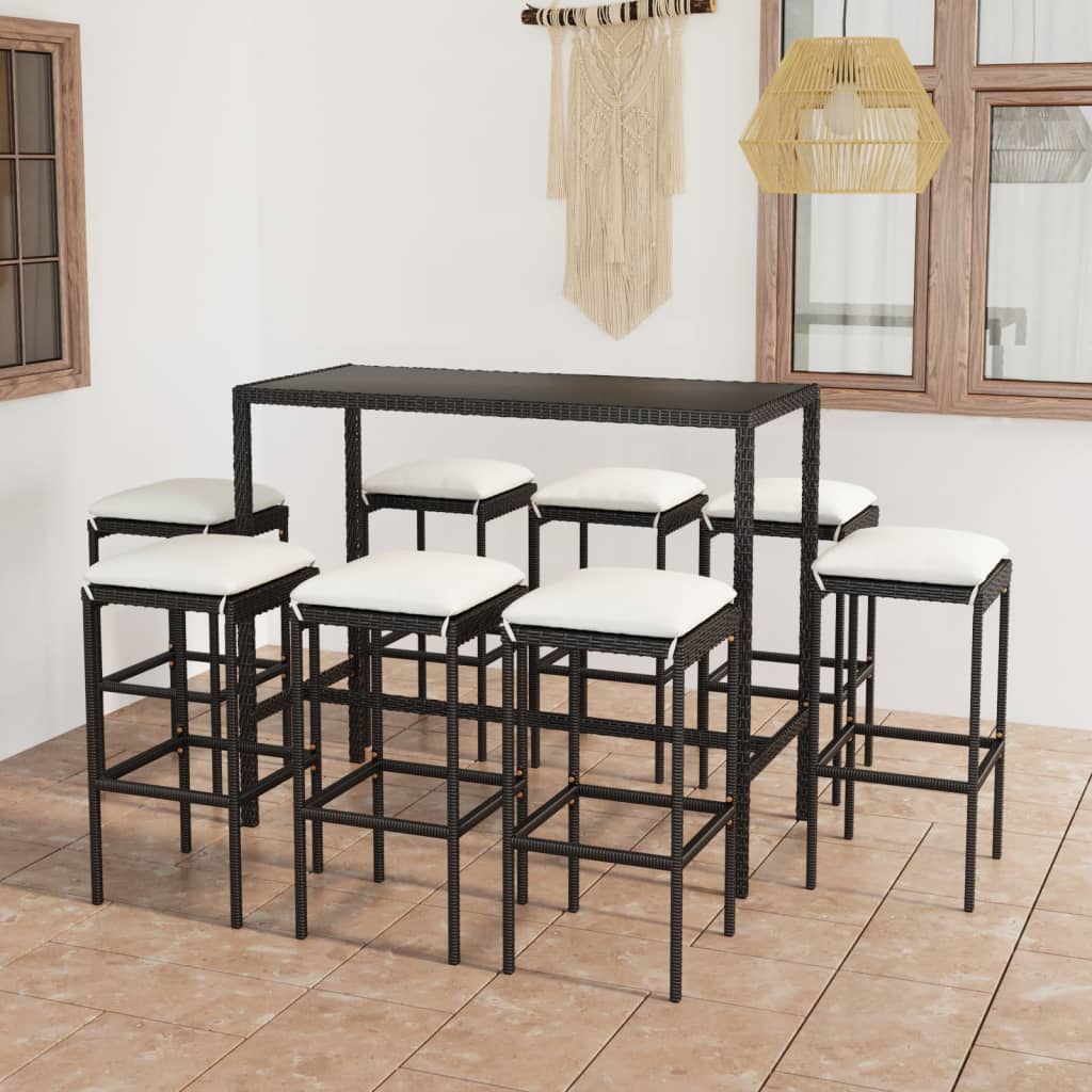 9-tlg. Gartenbar-Set mit Kissen Poly Rattan Schwarz