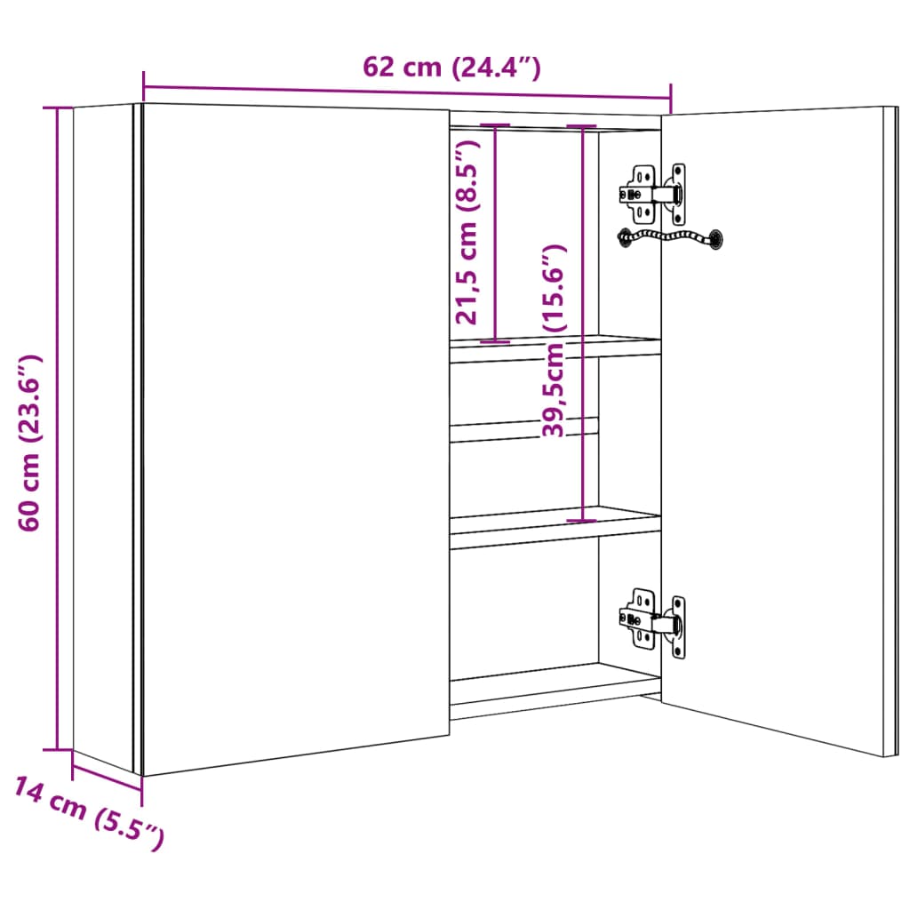 LED-Bad-Spiegelschrank Betongrau 62x14x60 cm