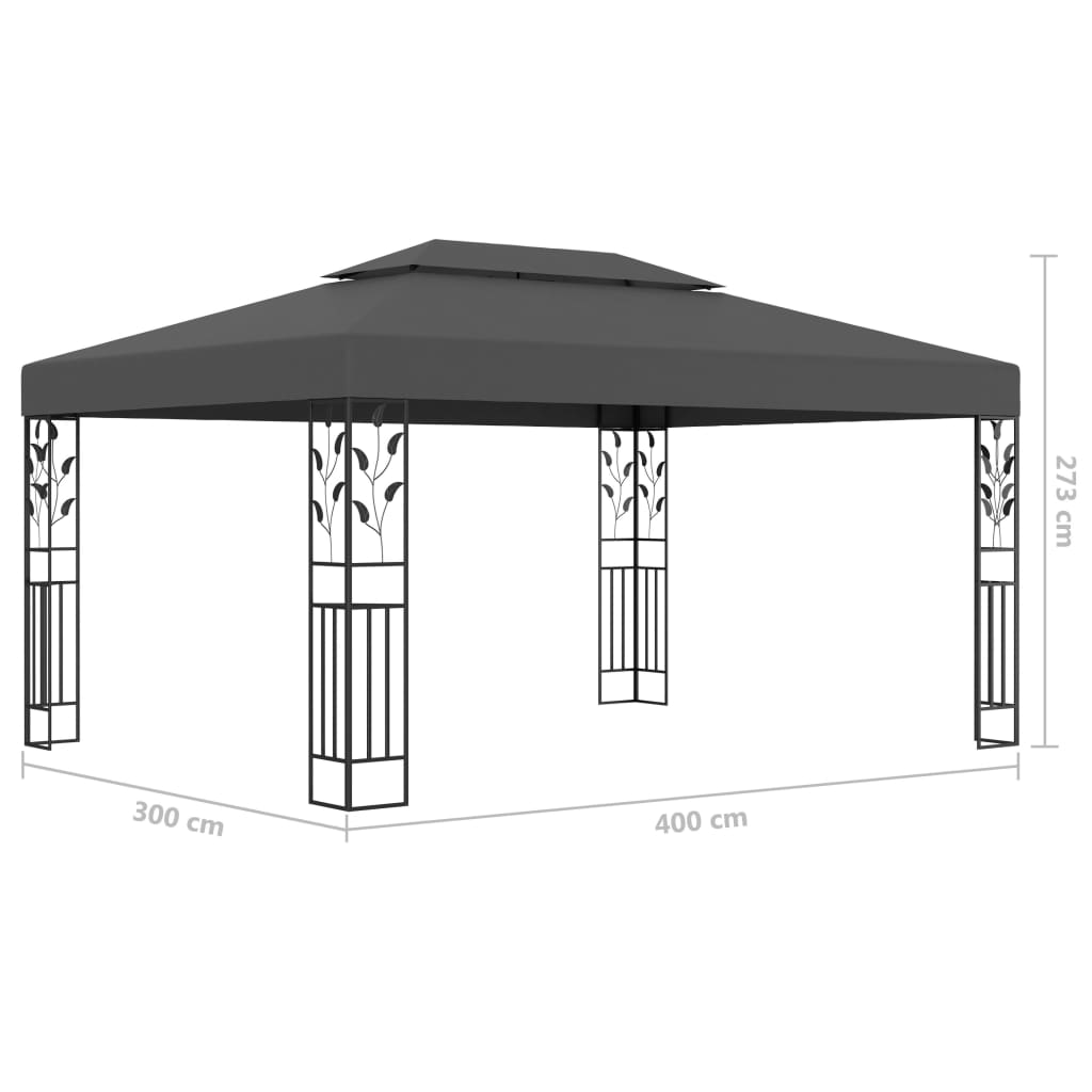 Pavillon avec double toit &amp; guirlande lumineuse LED 3x4 m anthracite