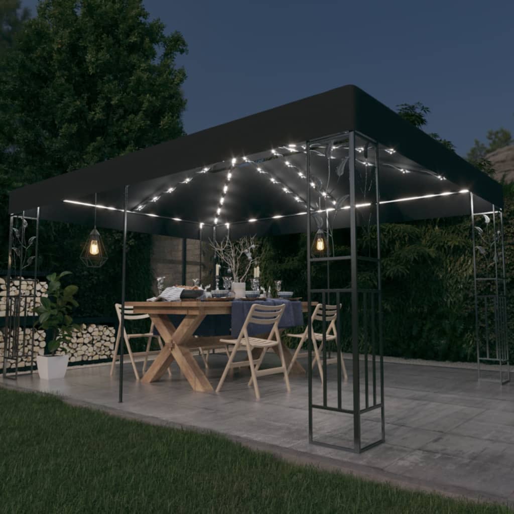 Pavillon avec double toit &amp; guirlande lumineuse LED 3x4 m anthracite