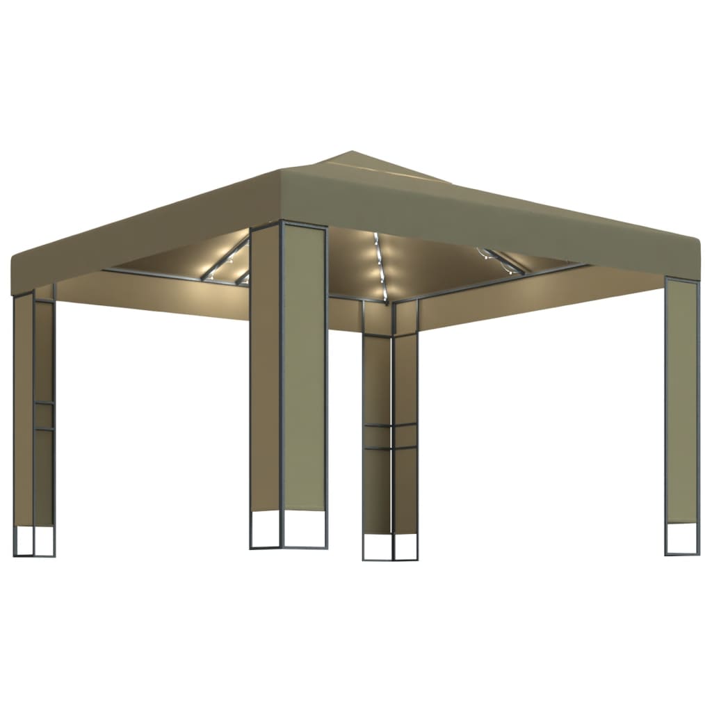 Pavillon mit Doppeldach & LED-Lichterkette 3x3x2,7 m Taupe