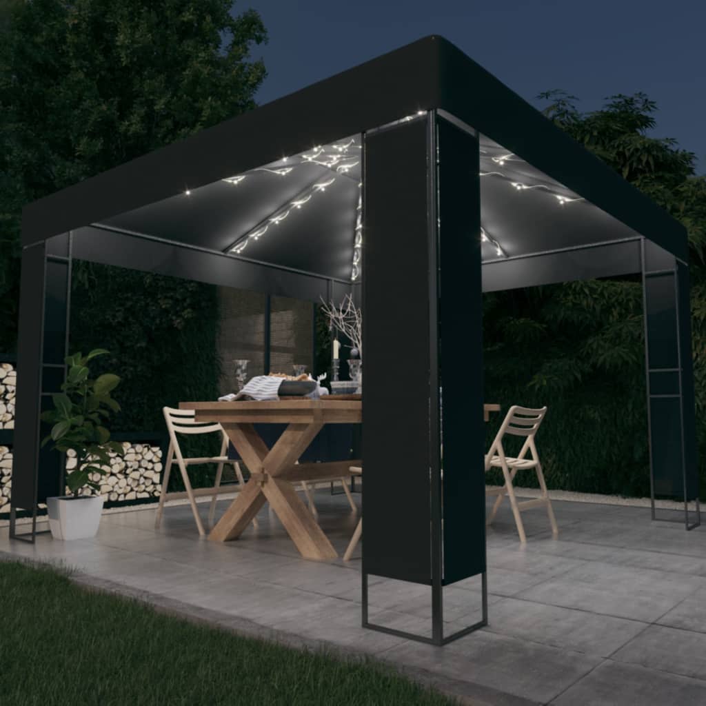 Pavillon avec double toit &amp; guirlande lumineuse LED 3x3 m anthracite