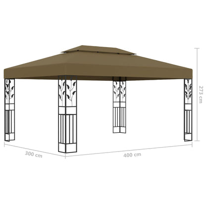 Pavillon à double toit &amp; guirlande lumineuse LED 3x4 m taupe