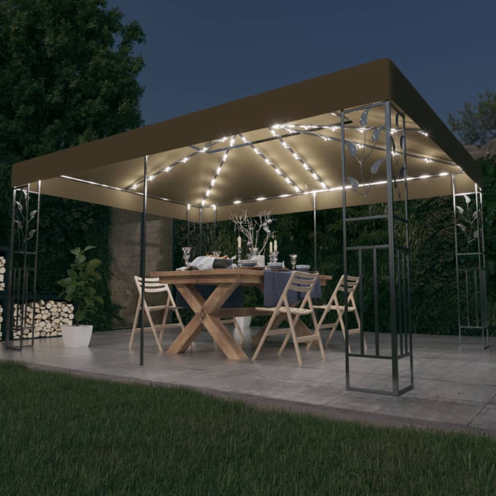 Pavillon à double toit &amp; guirlande lumineuse LED 3x4 m taupe