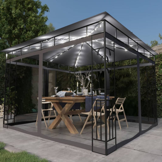 Pavillon mit Moskitonetz & LED-Lichterkette 3x3x2,73m Anthrazit