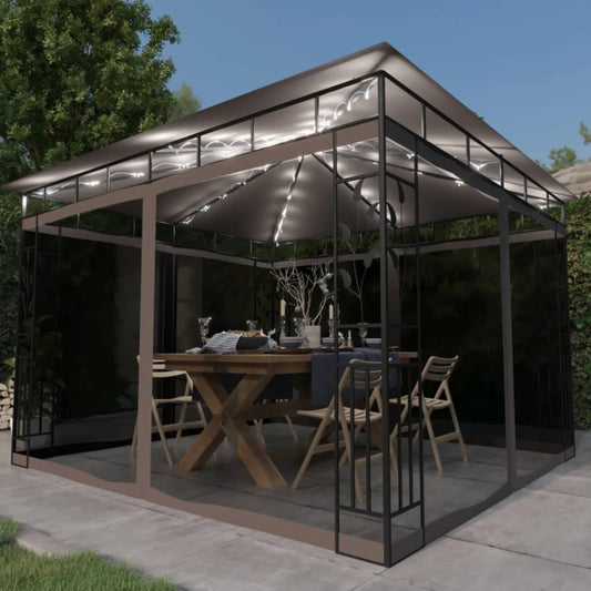 Pavillon mit Moskitonetz & LED-Lichterkette 3x3x2,73 m Taupe