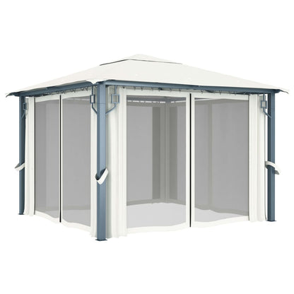 Pavillon avec rideaux et guirlande lumineuse LED 300x300 cm aluminium crème