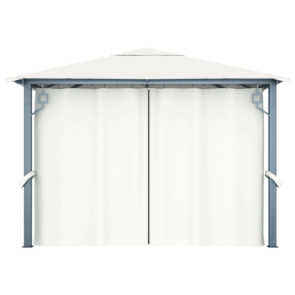 Pavillon avec rideaux et guirlande lumineuse LED 300x300 cm aluminium crème