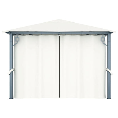 Pavillon avec rideaux et guirlande lumineuse LED 300x300 cm aluminium crème