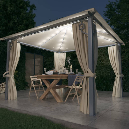 Pavillon avec rideaux et guirlande lumineuse LED 300x300 cm aluminium crème