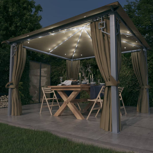 Pavillon avec rideaux &amp; guirlande lumineuse LED 300x300 cm aluminium taupe