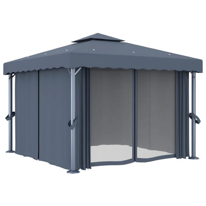 Pavillon avec rideaux &amp; guirlande lumineuse LED 3x3 m anthracite