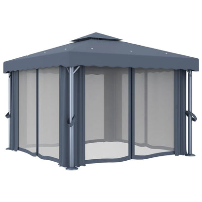 Pavillon avec rideaux &amp; guirlande lumineuse LED 3x3 m anthracite