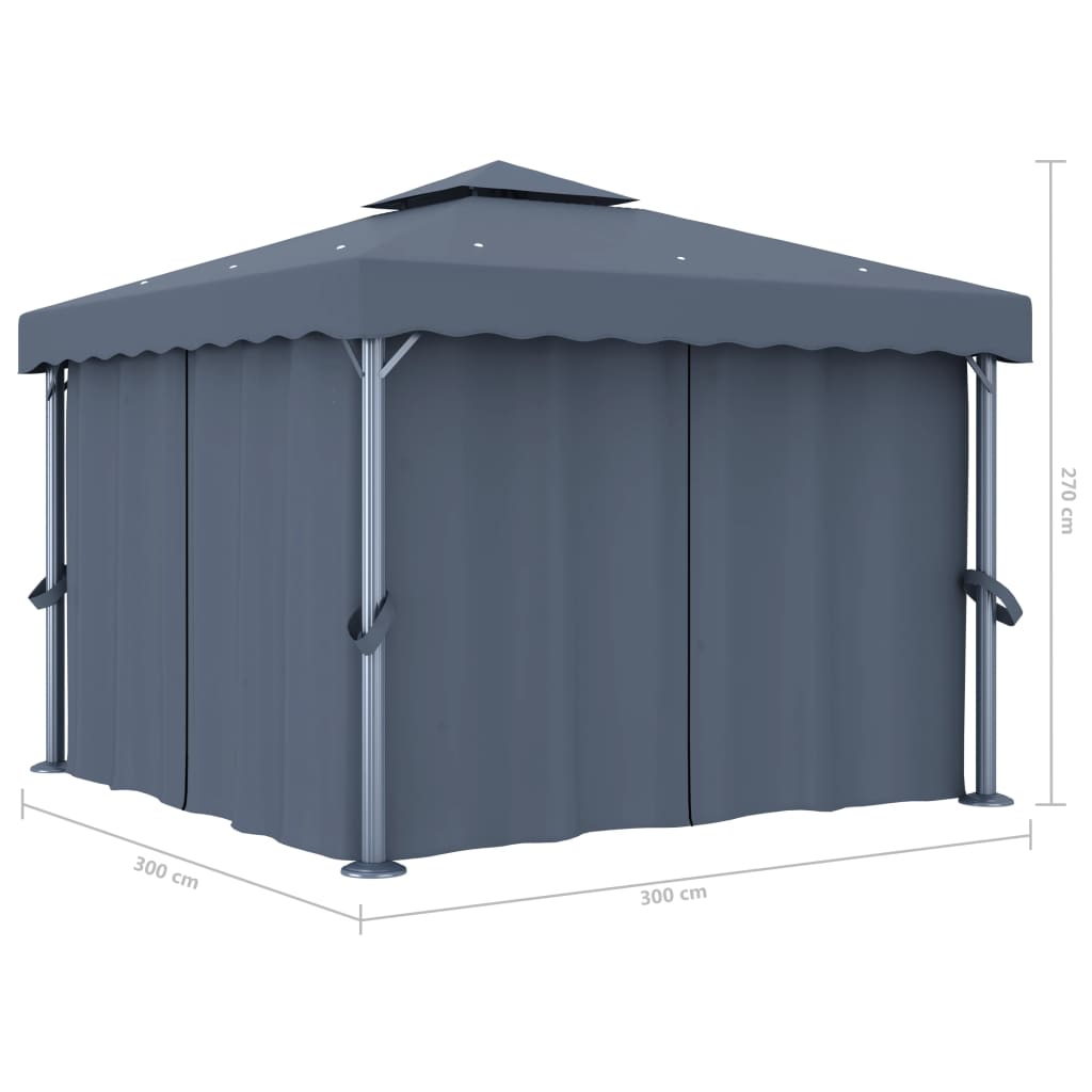 Pavillon avec rideaux &amp; guirlande lumineuse LED 3x3 m anthracite