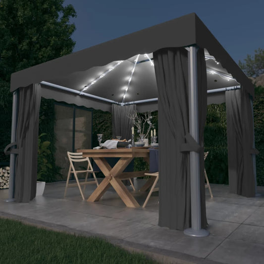 Pavillon avec rideaux &amp; guirlande lumineuse LED 3x3 m anthracite