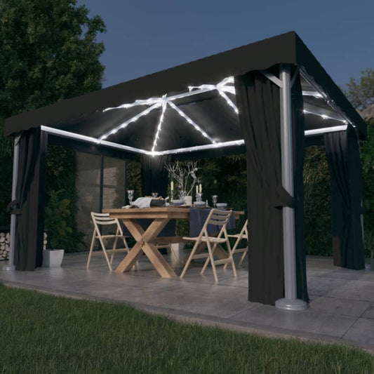 Pavillon avec rideaux &amp; guirlande lumineuse LED 4x3 m anthracite