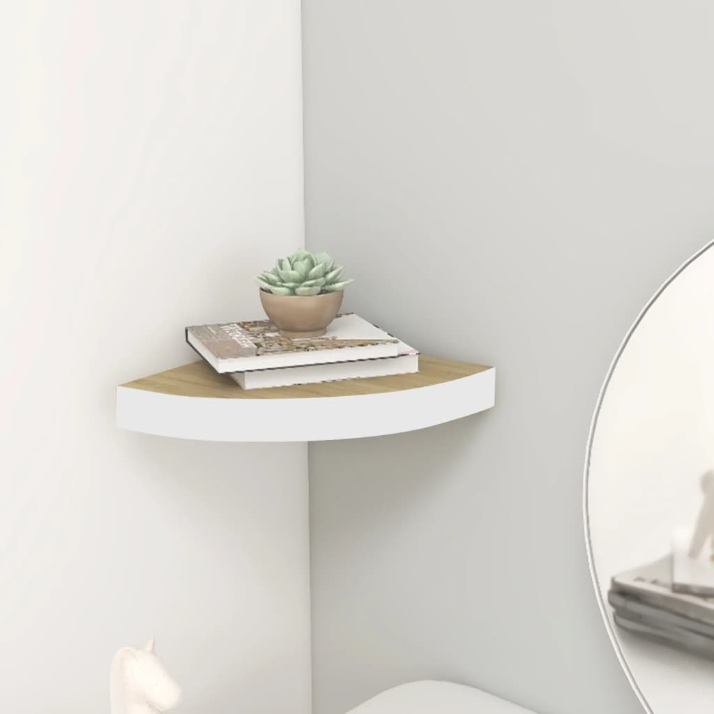 Etagère d'angle flottante aspect chêne et blanc 35x35x3,8 cm MDF