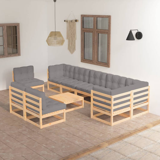 10-tlg. Garten-Lounge-Set mit Kissen Massivholz Kiefer