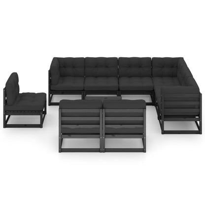 10-tlg. Garten-Lounge-Set mit Kissen Schwarz Massivholz Kiefer