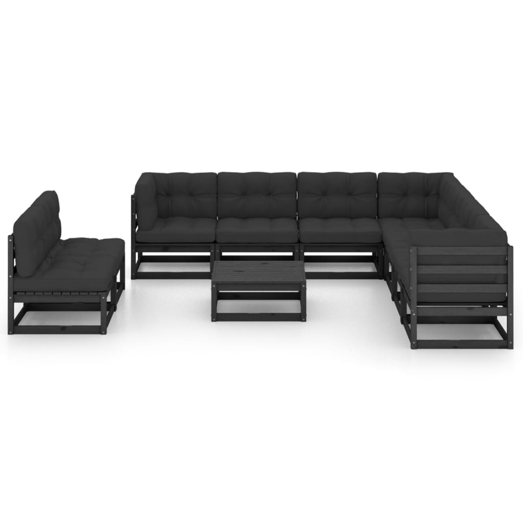 10-tlg. Garten-Lounge-Set mit Kissen Schwarz Massivholz Kiefer