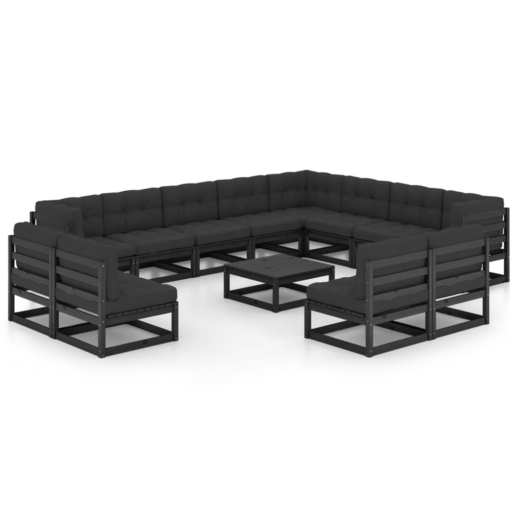 13-tlg. Garten-Lounge-Set mit Kissen Schwarz Massivholz Kiefer