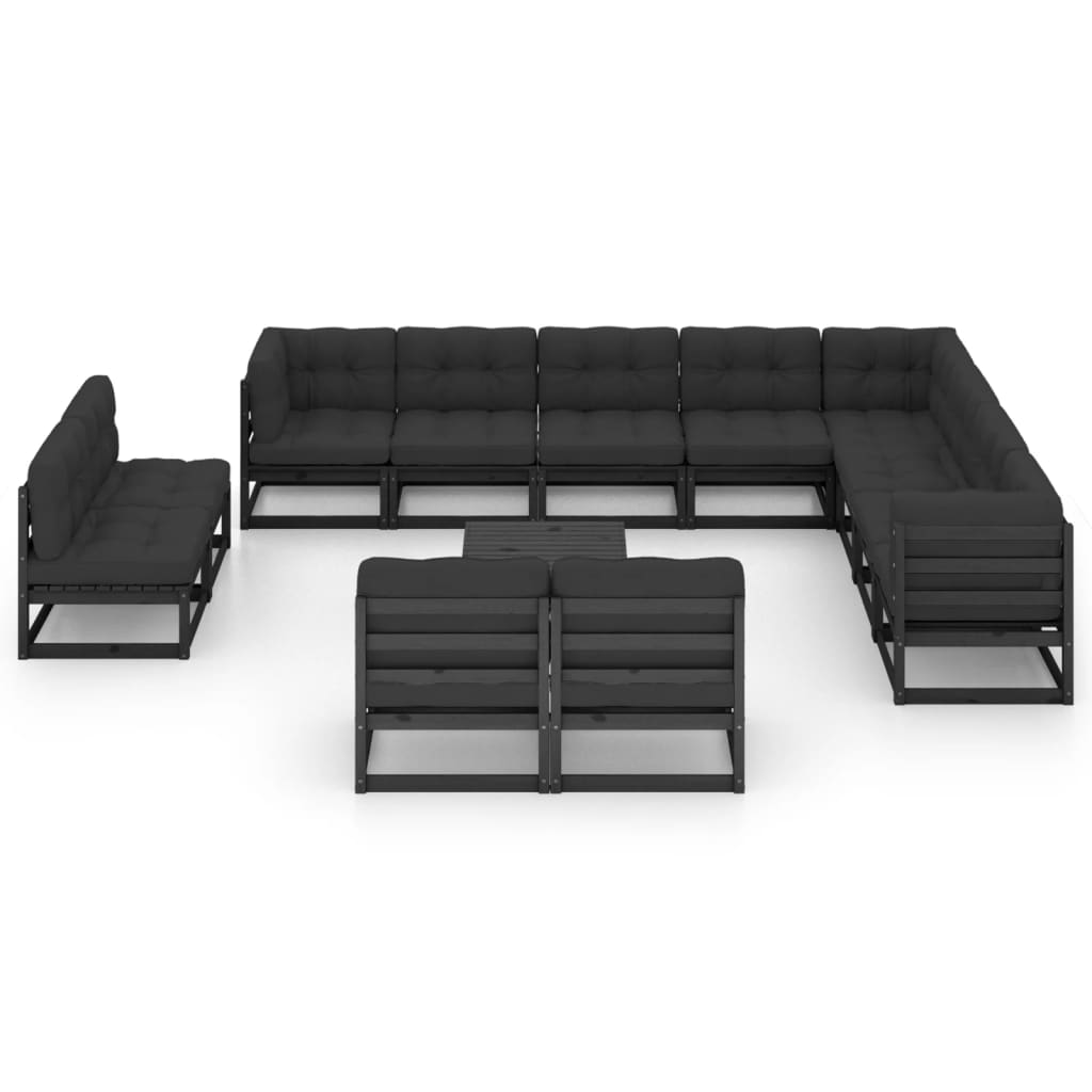 13-tlg. Garten-Lounge-Set mit Kissen Schwarz Massivholz Kiefer