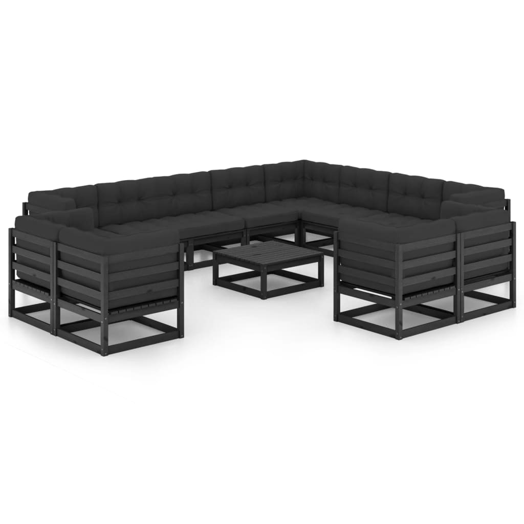 13-tlg. Garten-Lounge-Set mit Kissen Schwarz Massivholz Kiefer