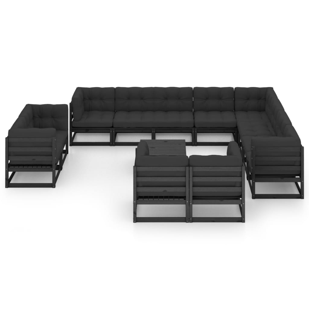 13-tlg. Garten-Lounge-Set mit Kissen Schwarz Massivholz Kiefer