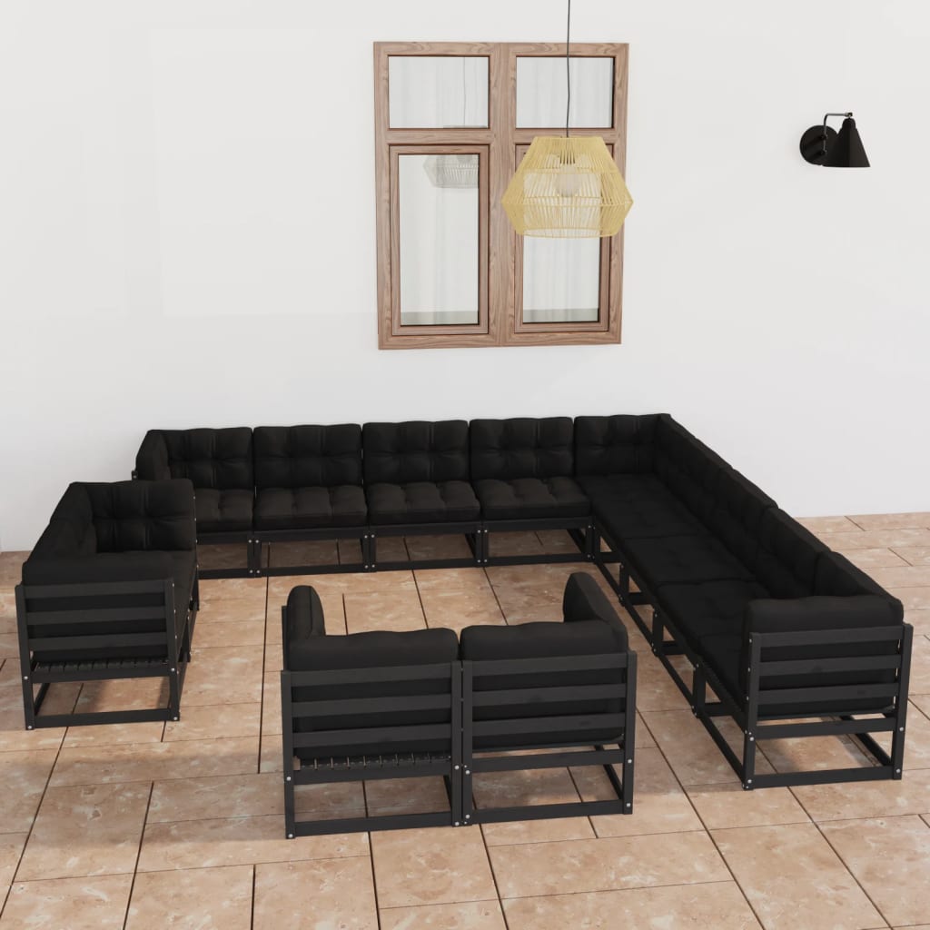 13-tlg. Garten-Lounge-Set mit Kissen Schwarz Massivholz Kiefer