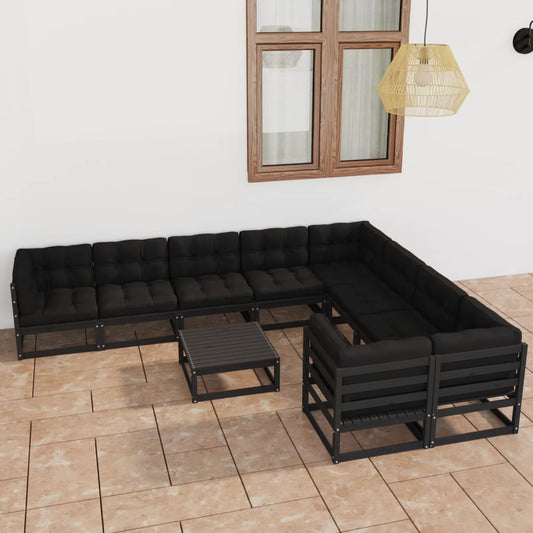 10-tlg. Garten-Lounge-Set mit Kissen Schwarz Massivholz Kiefer