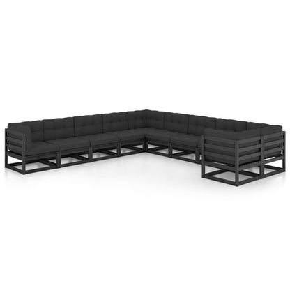 10-tlg. Garten-Lounge-Set mit Kissen Schwarz Massivholz Kiefer