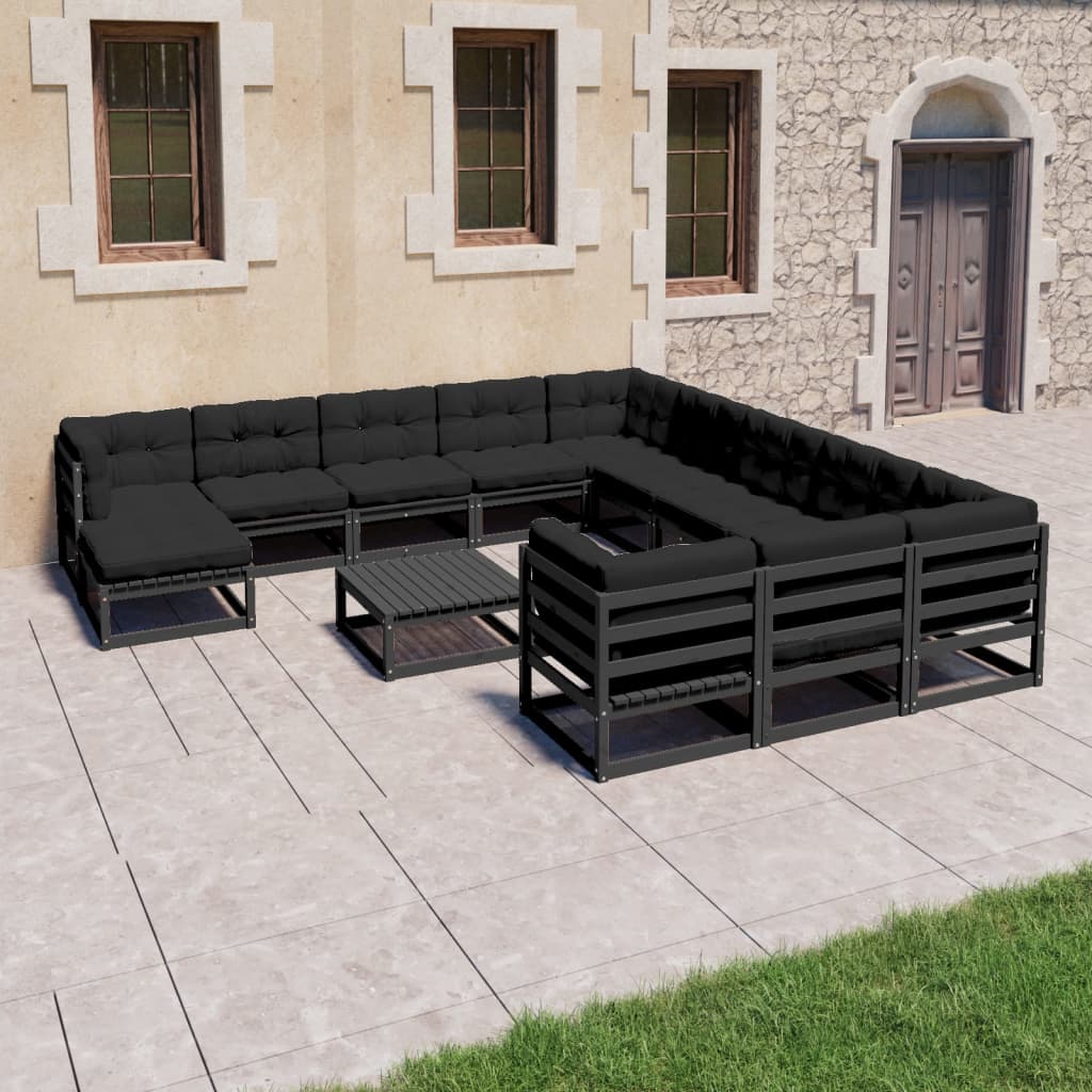 13-tlg. Garten-Lounge-Set mit Kissen Schwarz Massivholz Kiefer