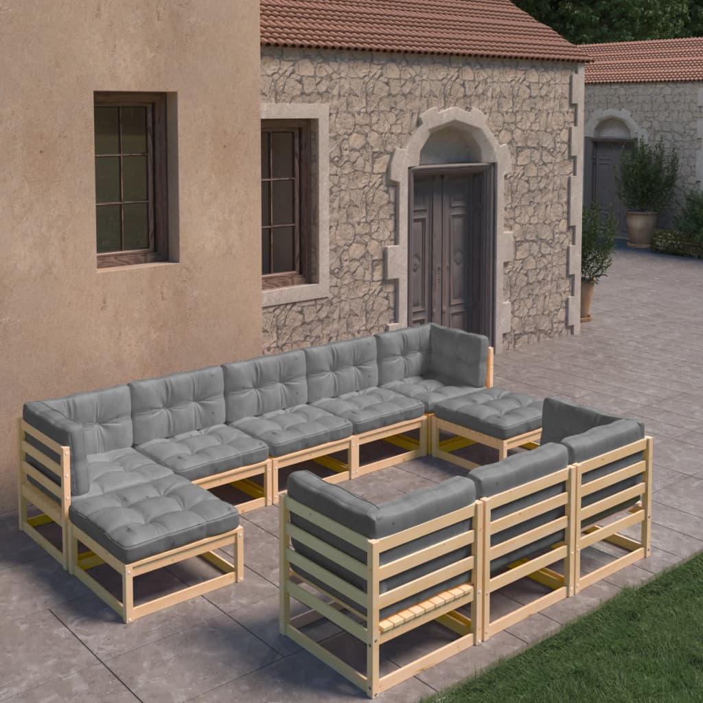 10-tlg. Garten-Lounge-Set mit Kissen Massivholz Kiefer