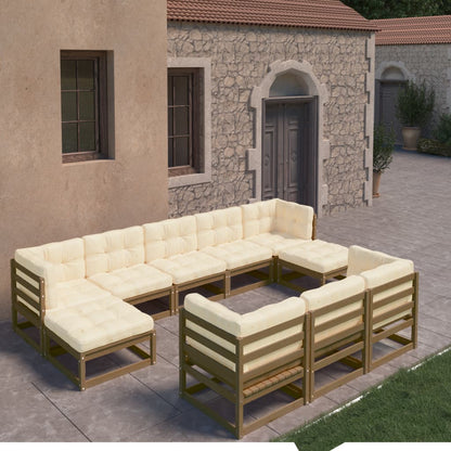 10-tlg. Garten-Lounge-Set mit Kissen Honigbraun Massivholz