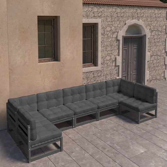 7-tlg. Garten-Lounge-Set mit Kissen Schwarz Massivholz Kiefer