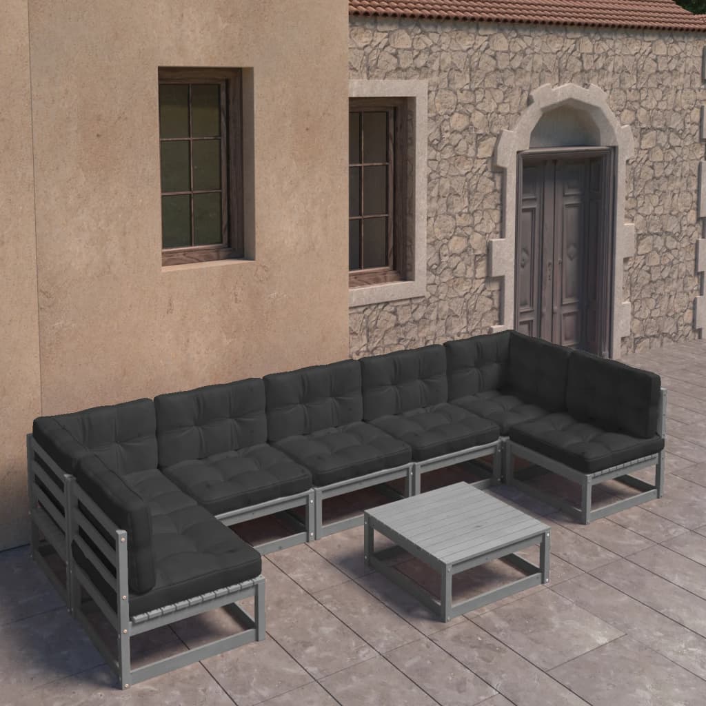 8-tlg. Garten-Lounge-Set mit Kissen Grau Massivholz Kiefer