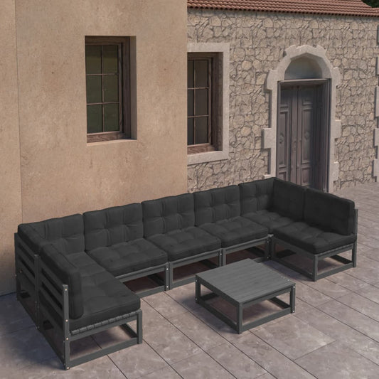 8-tlg. Garten-Lounge-Set mit Kissen Schwarz Massivholz Kiefer