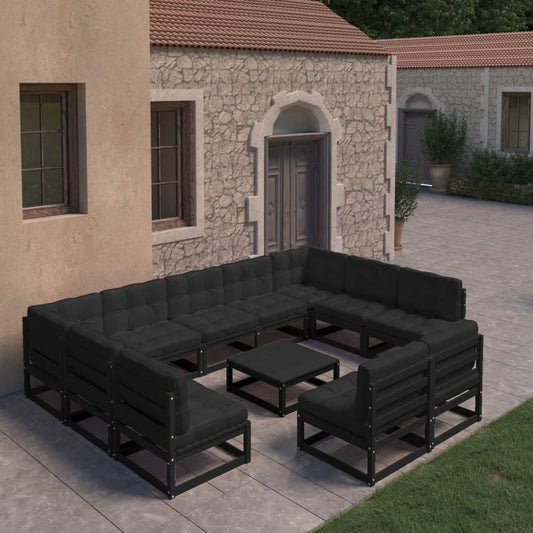 10-tlg. Garten-Lounge-Set mit Kissen Schwarz Massivholz Kiefer