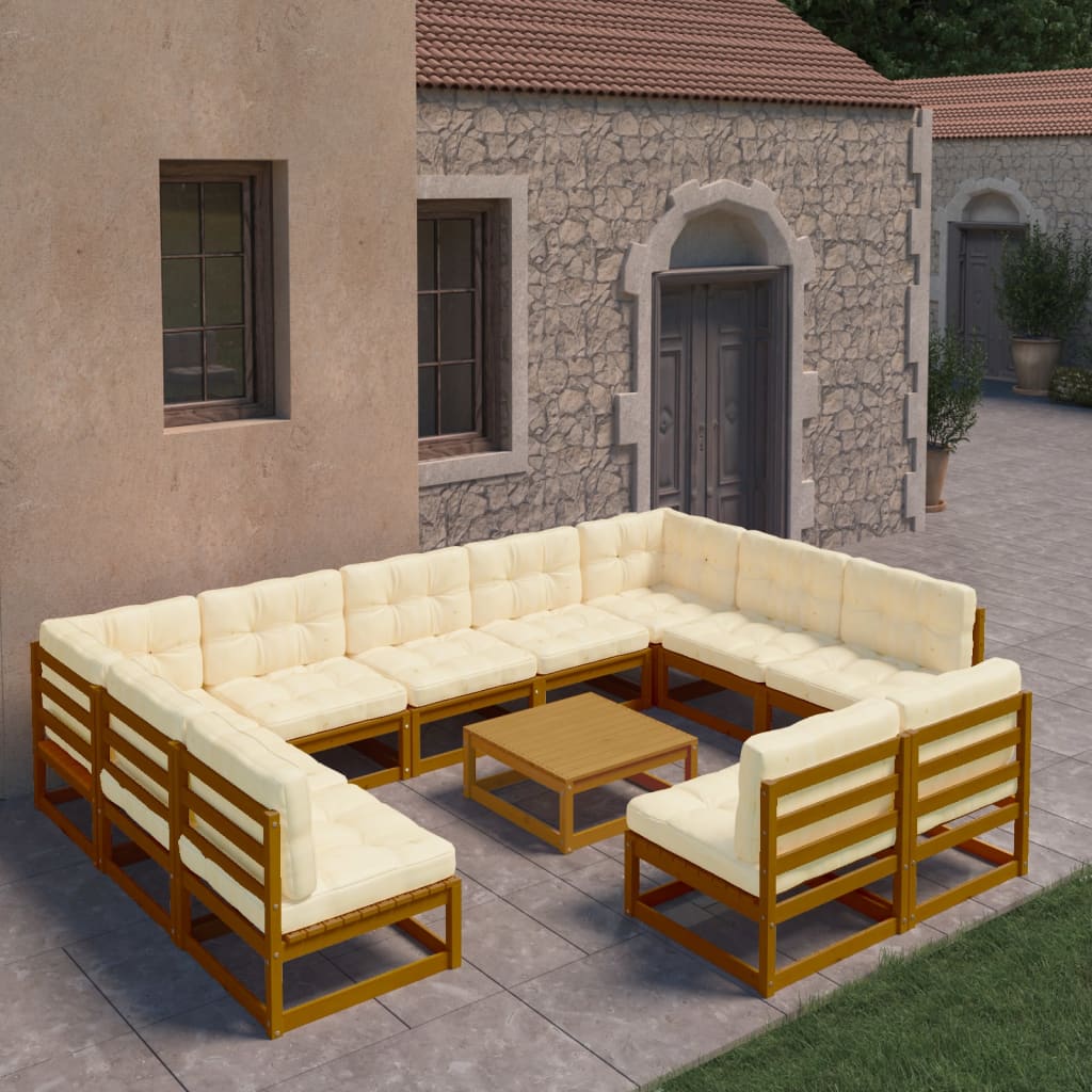 12-tlg. Garten-Lounge-Set mit Kissen Honigbraun Massivholz