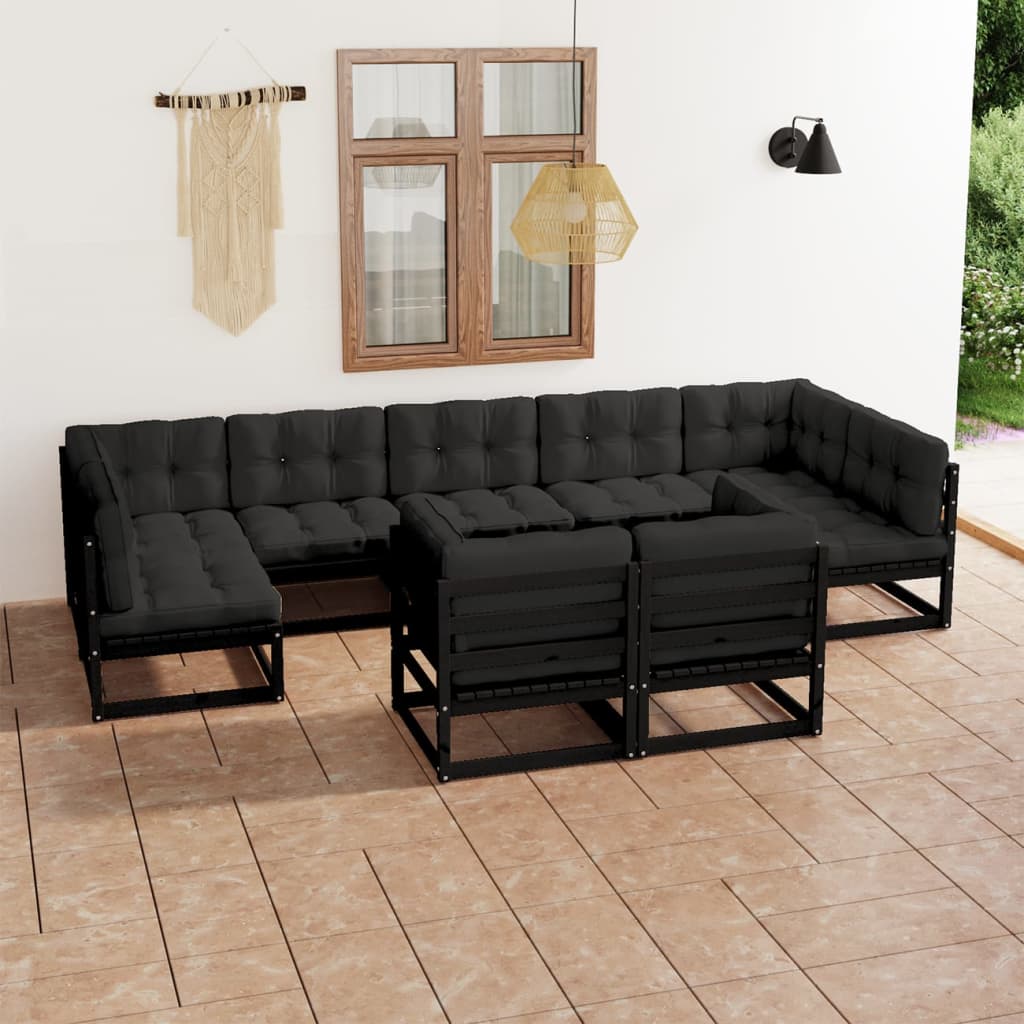 9-tlg. Garten-Lounge-Set mit Kissen Schwarz Massivholz Kiefer